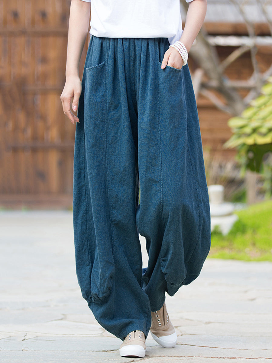 Women Winter Retro Pure Color Ramie Bloomers