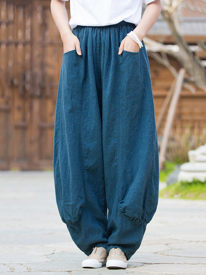Women Winter Retro Pure Color Ramie Bloomers