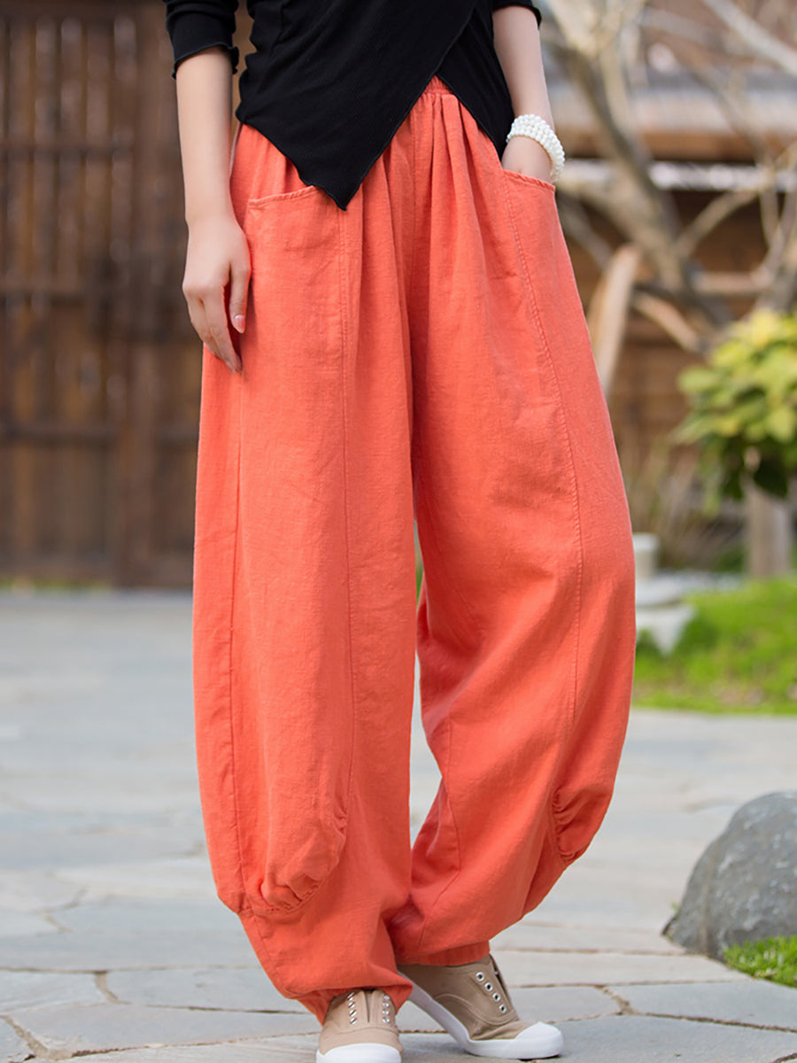 Women Winter Retro Pure Color Ramie Bloomers