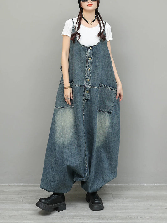 Women Spring Vintage Pure Color Low Crotch Denim Jumpsuits