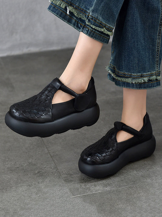 Women Summer Genuine Leather Weave Platform Shoes