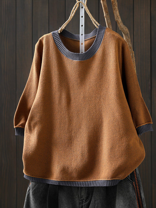 Women Summer Artsy Colorblock Knitted O-Neck Sweater
