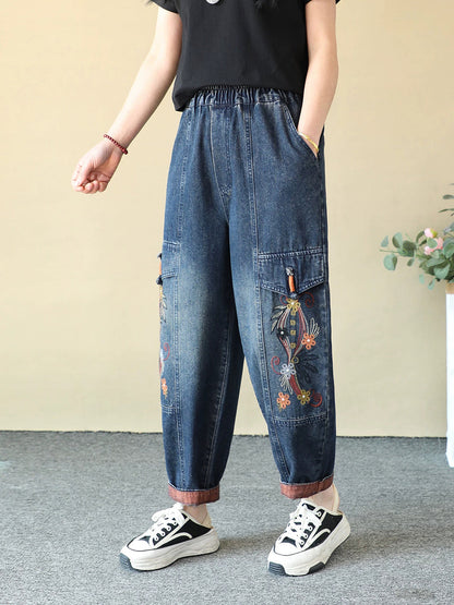 Women Spring Vintage Denim Embroidery Harem Jeans