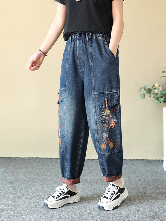 Women Spring Vintage Denim Embroidery Harem Jeans