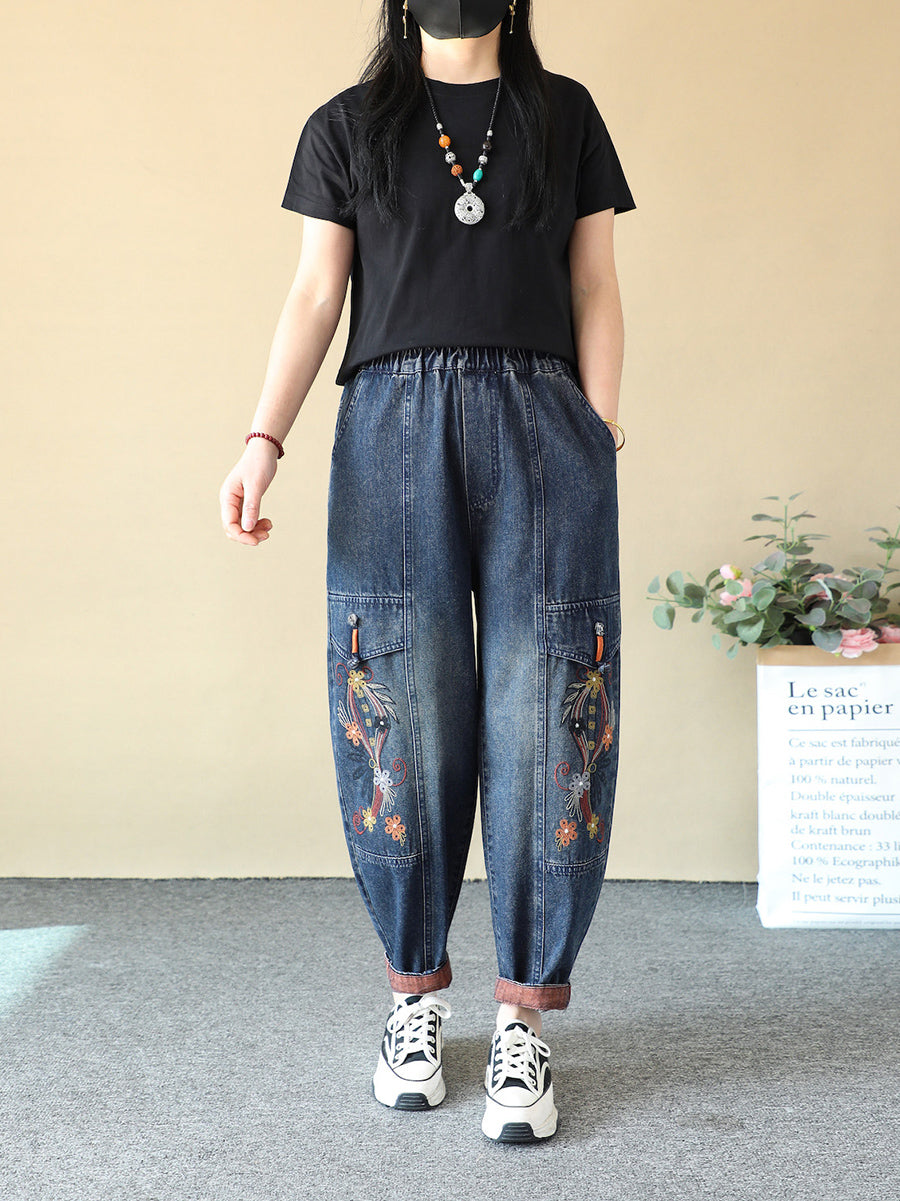 Women Spring Vintage Denim Embroidery Harem Jeans