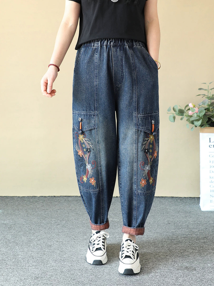 Women Spring Vintage Denim Embroidery Harem Jeans