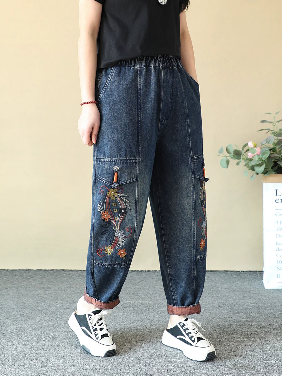 Women Spring Vintage Denim Embroidery Harem Jeans