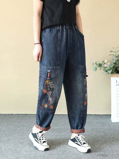 Women Spring Vintage Denim Embroidery Harem Jeans
