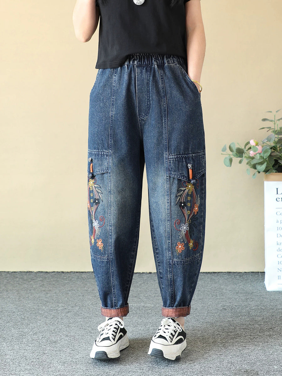 Women Spring Vintage Denim Embroidery Harem Jeans