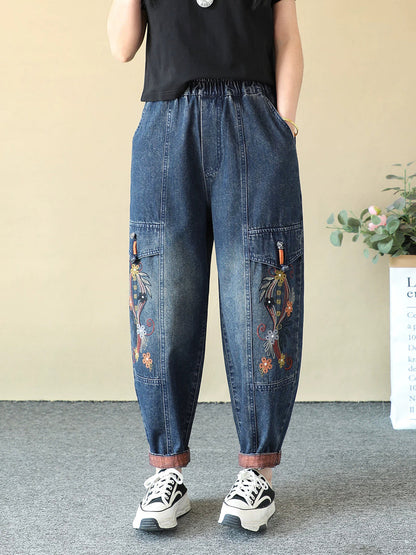 Women Spring Vintage Denim Embroidery Harem Jeans