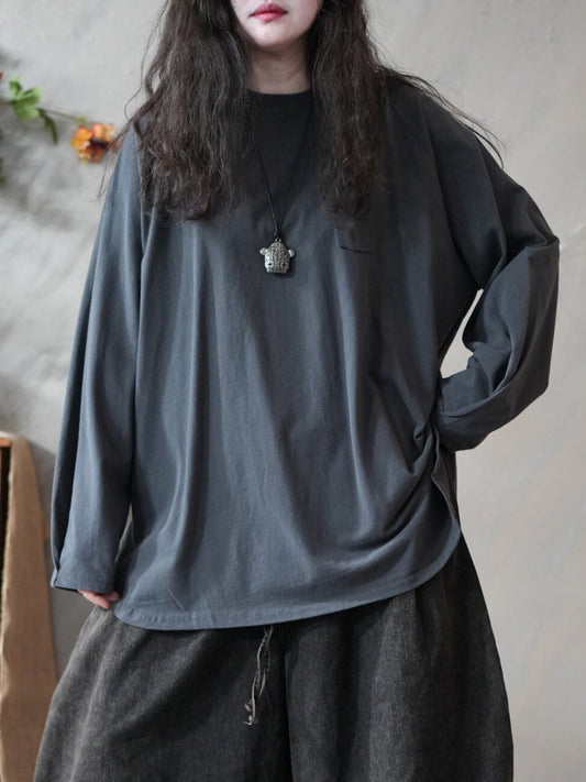 Women Spring Casual Pure Color O-Neck Blouse