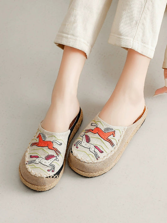 Women Summer Artsy Horse Canvas Linen Slippers