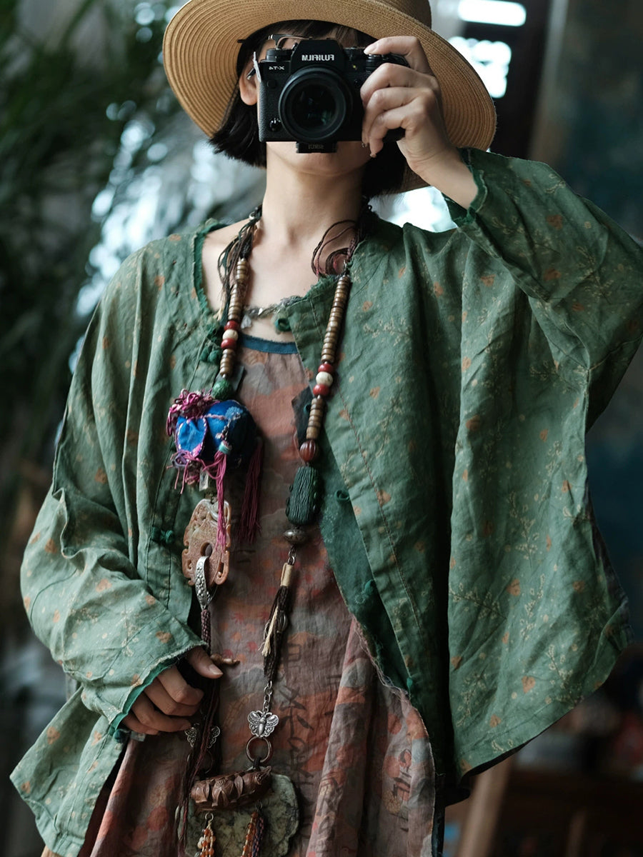 Women Spring Retro Floral O-Neck Linen Shirt