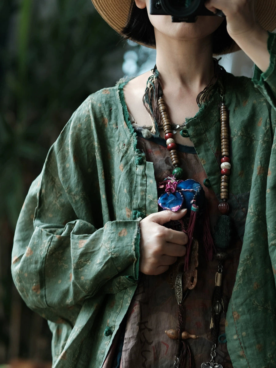 Women Spring Retro Floral O-Neck Linen Shirt