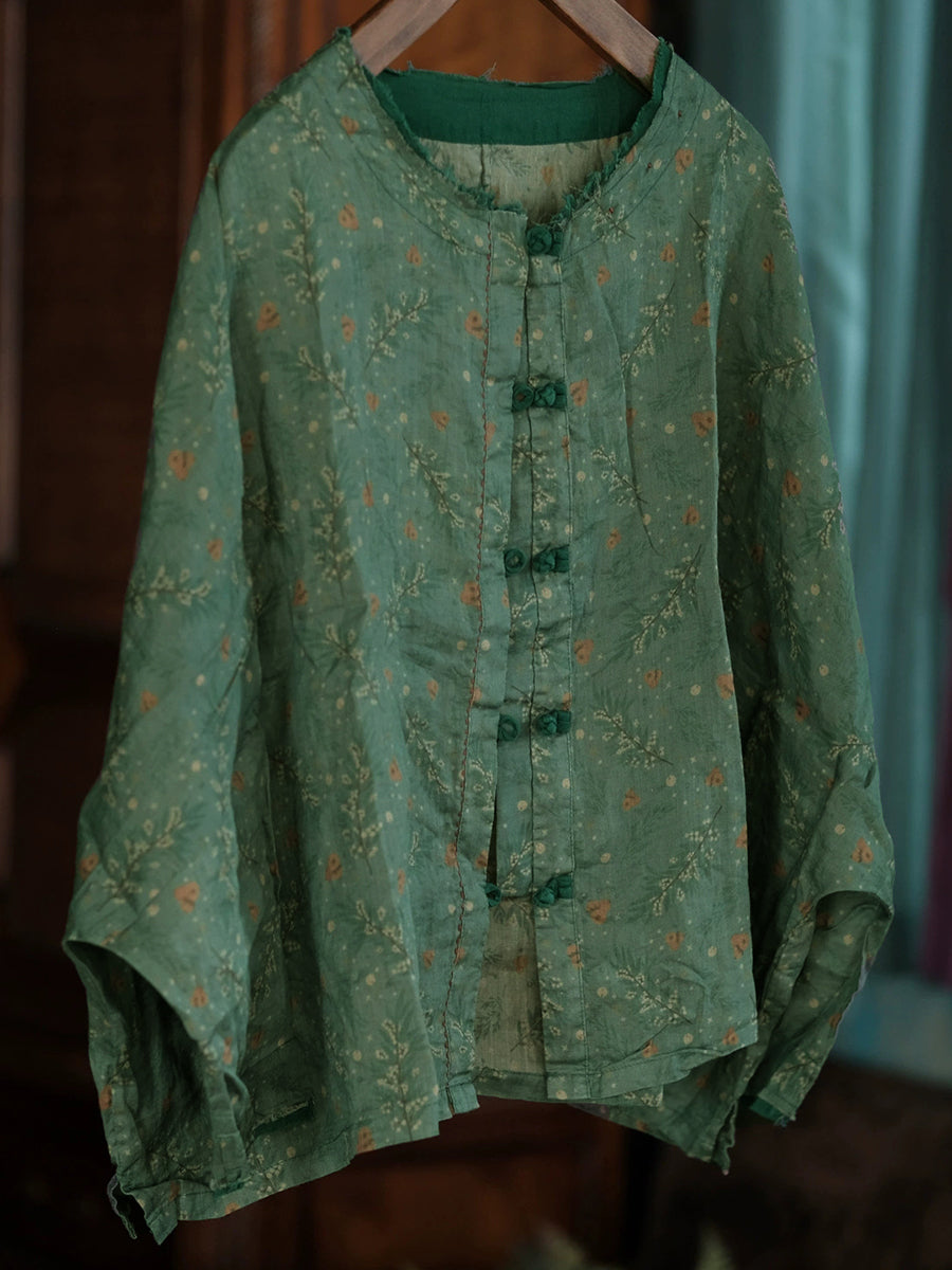 Women Spring Retro Floral O-Neck Linen Shirt