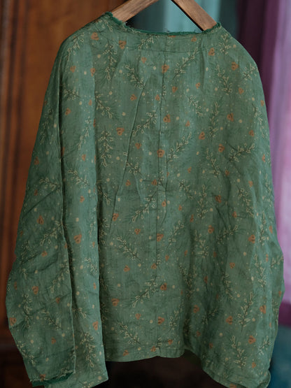 Women Spring Retro Floral O-Neck Linen Shirt