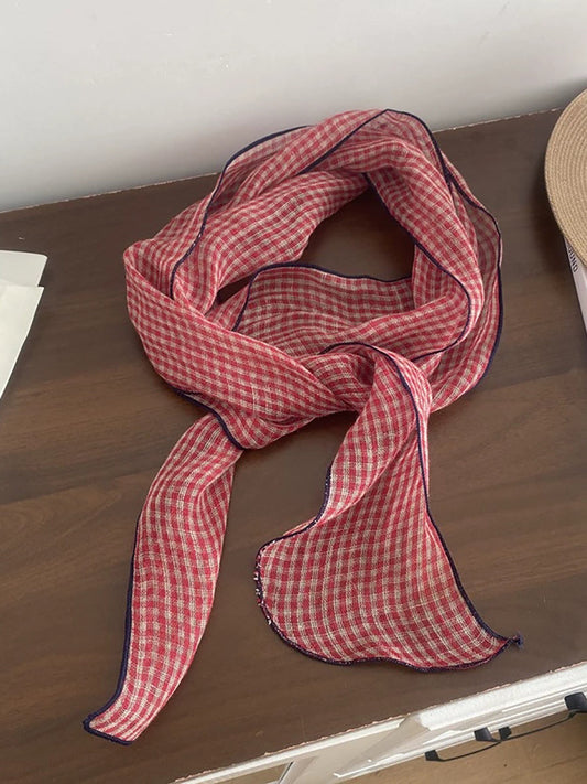 Women Vintage Plaid 100%Linen Thin Scarf