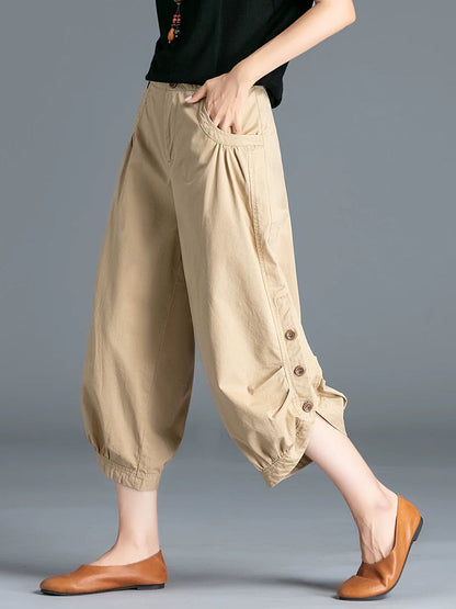 Plus Size Women Summer Pure Color 100%Cotton Capri Pants