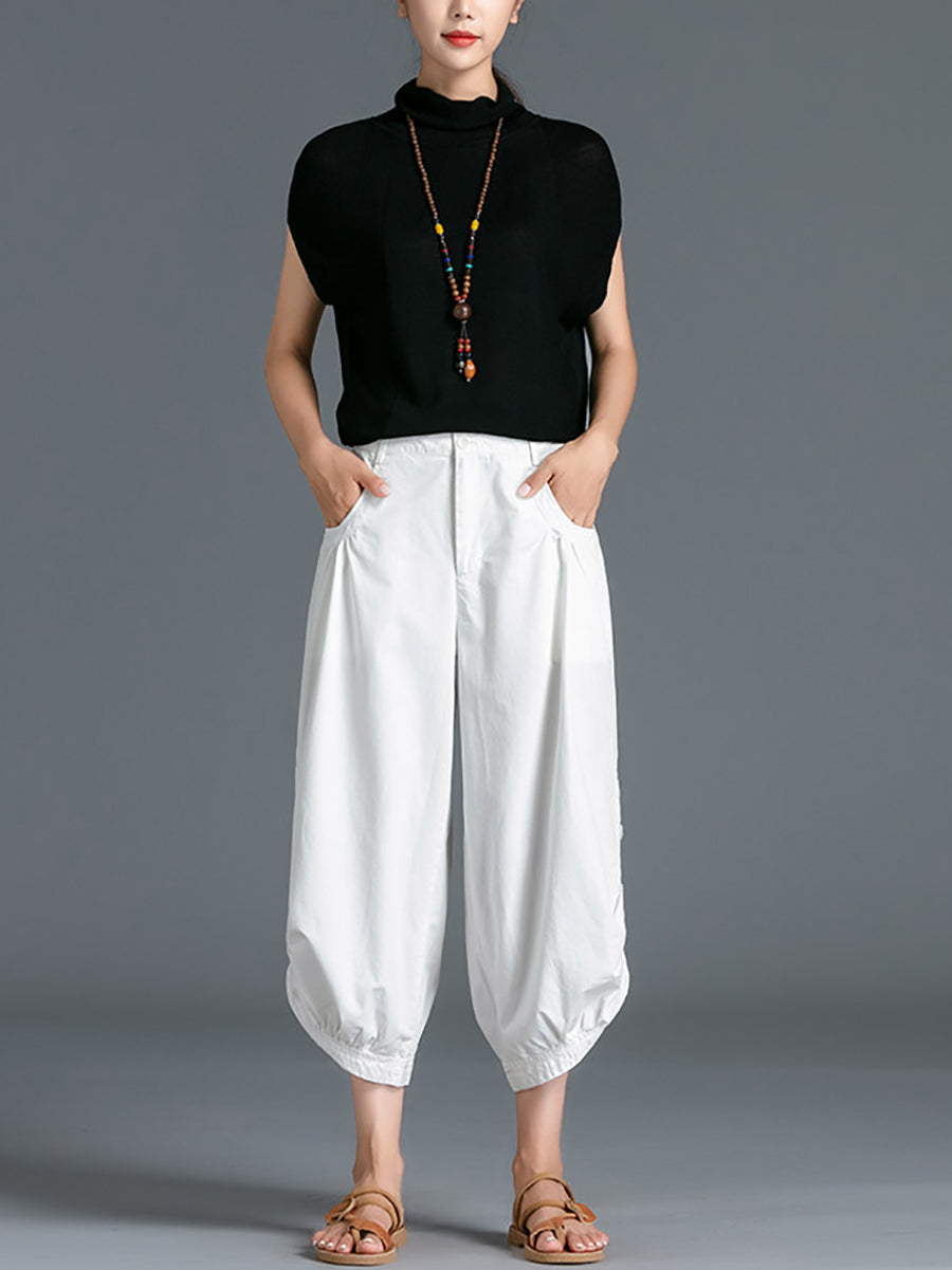 Plus Size Women Summer Pure Color 100%Cotton Capri Pants