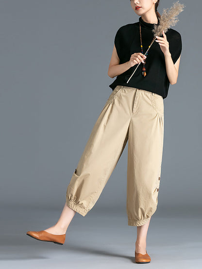 Plus Size Women Summer Pure Color 100%Cotton Capri Pants