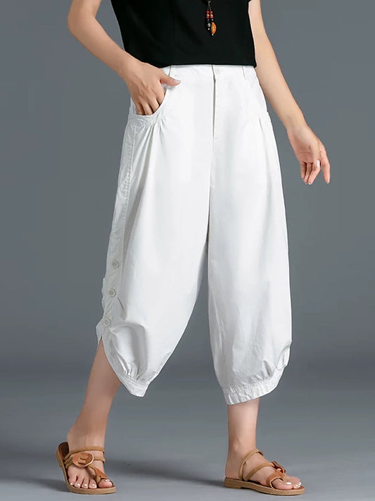 Plus Size Women Summer Pure Color 100%Cotton Capri Pants