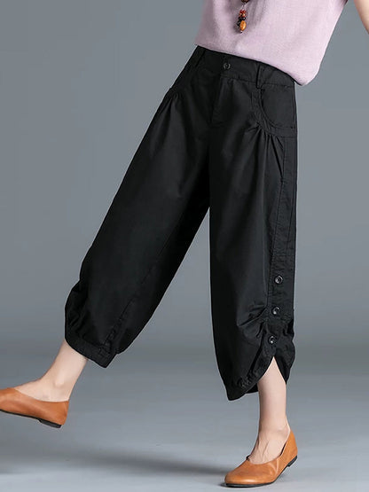 Plus Size Women Summer Pure Color 100%Cotton Capri Pants