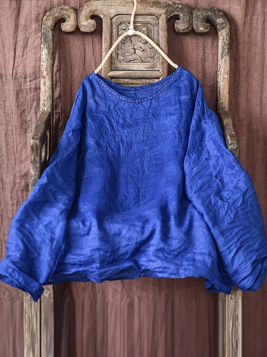 Women Summer Vintage Ramie O-Neck Blouse