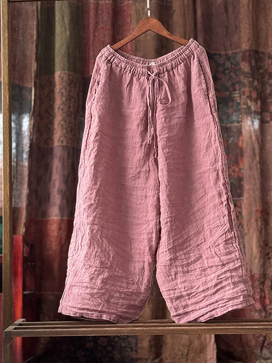 Women Summer Pure Color Linen Wide-leg Pants