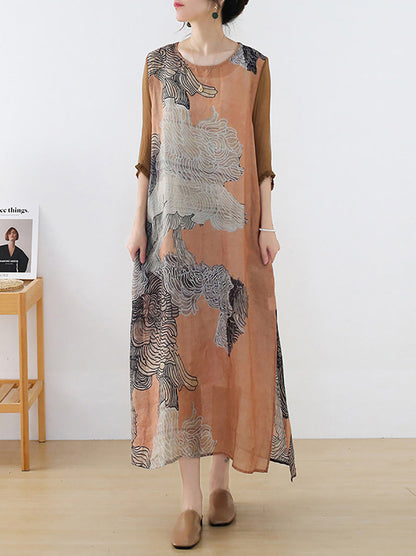 Plus Size Women Summer Artsy Flower O-Neck Ramie Silk Dress