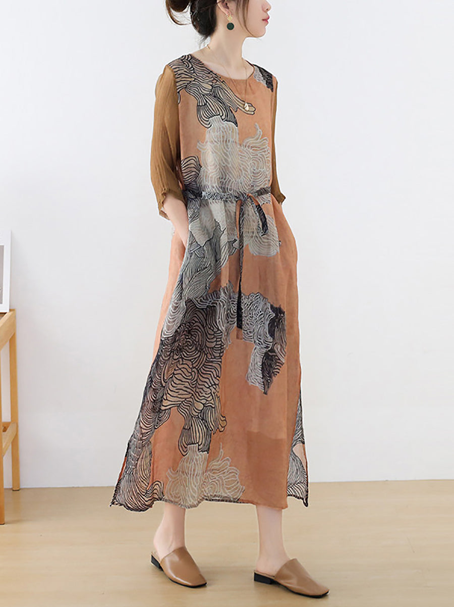 Plus Size Women Summer Artsy Flower O-Neck Ramie Silk Dress