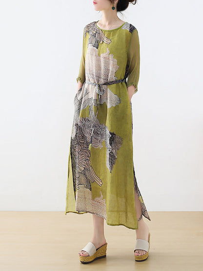 Plus Size Women Summer Artsy Flower O-Neck Ramie Silk Dress
