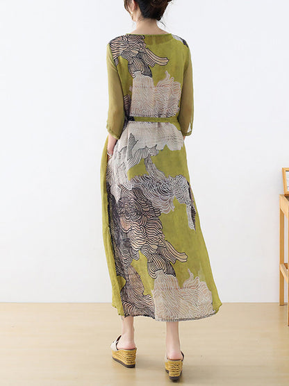 Plus Size Women Summer Artsy Flower O-Neck Ramie Silk Dress
