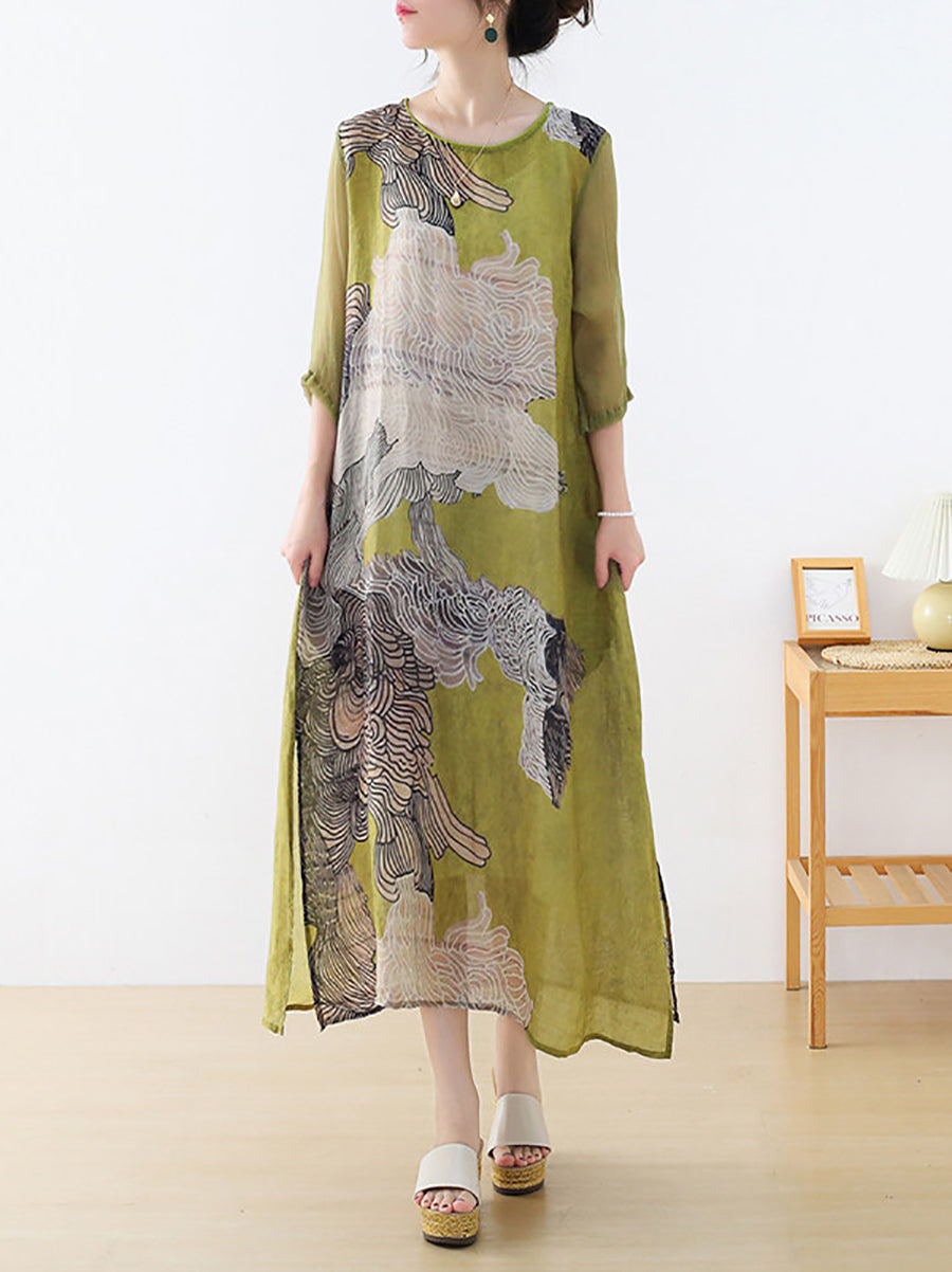 Plus Size Women Summer Artsy Flower O-Neck Ramie Silk Dress