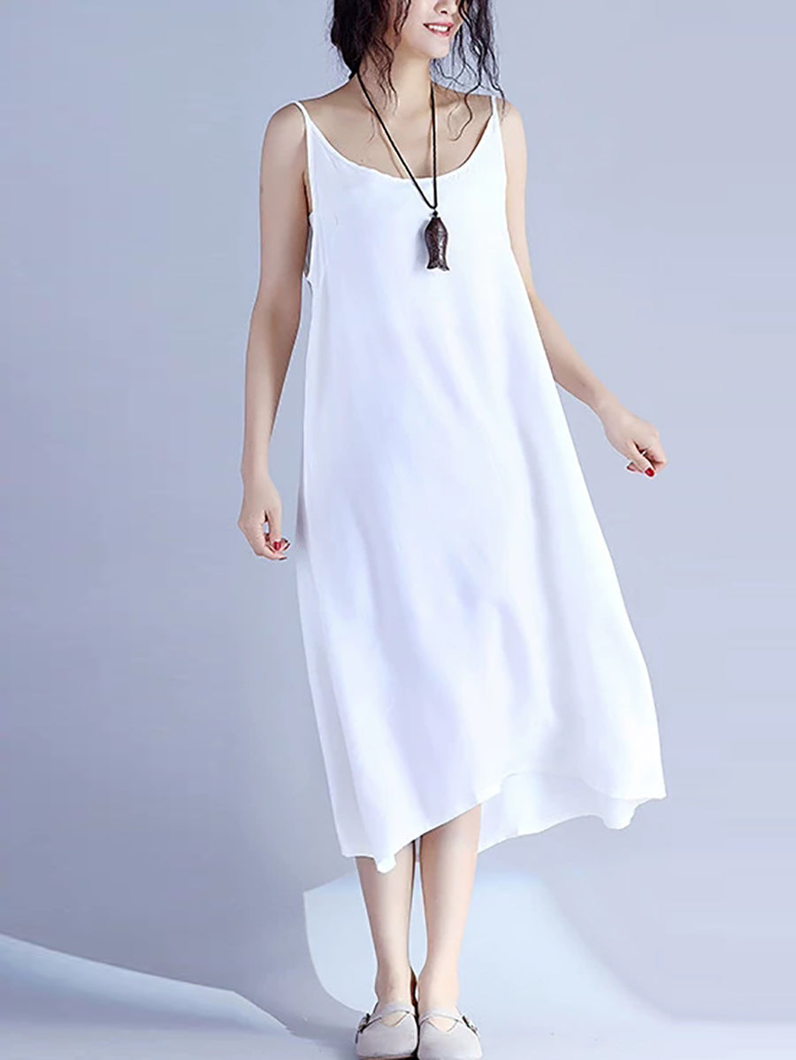 Plus Size Women Summer Artsy Flower O-Neck Ramie Silk Dress
