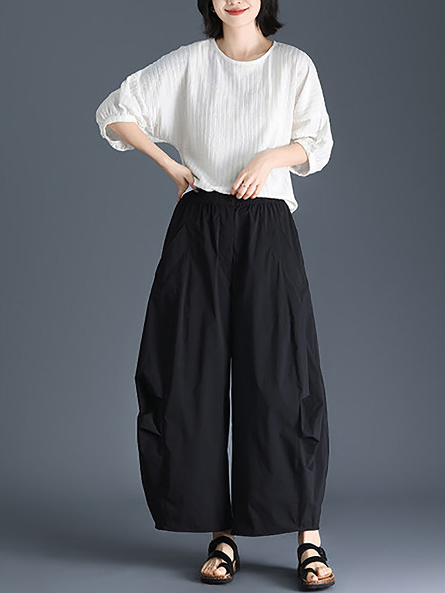 Plus Size Women Spring Pure Color Cotton Wide-leg Pants