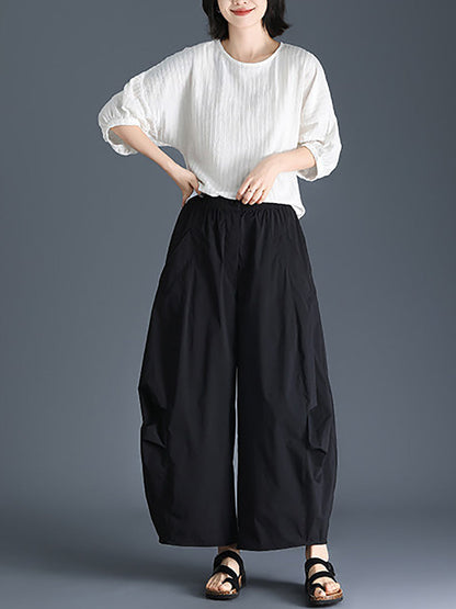 Plus Size Women Spring Pure Color Cotton Wide-leg Pants