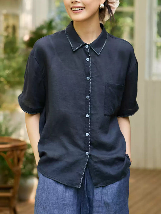 Plus Size Women Summer Artsy Ramie Turn-down Collar Shirt