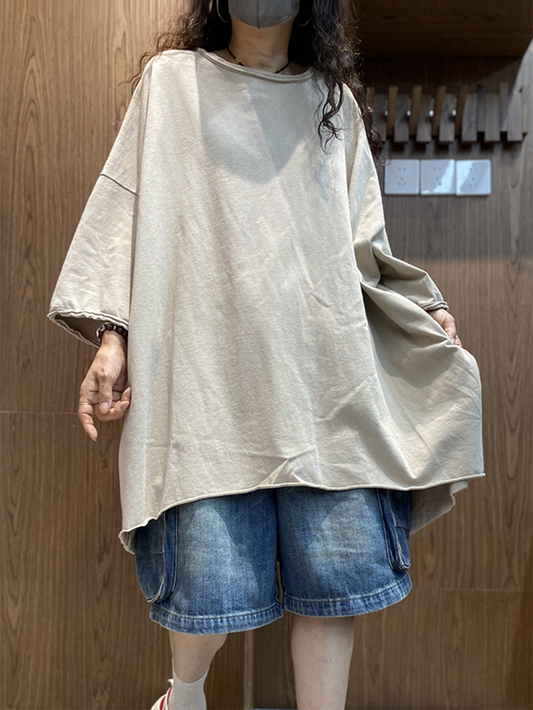 Plus Size Women Summer Artsy Pure Color Cotton O-Neck Blouse