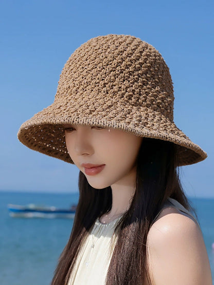 Women Summer Pure Color Weave Bucket Hat