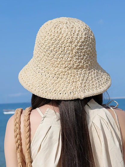 Women Summer Pure Color Weave Bucket Hat