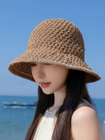 Women Summer Pure Color Weave Bucket Hat