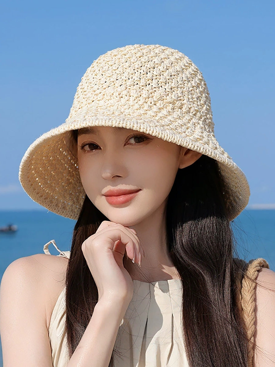Women Summer Pure Color Weave Bucket Hat