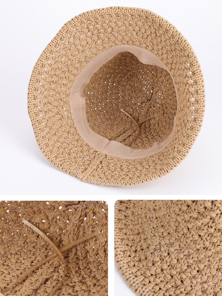 Women Summer Pure Color Weave Bucket Hat