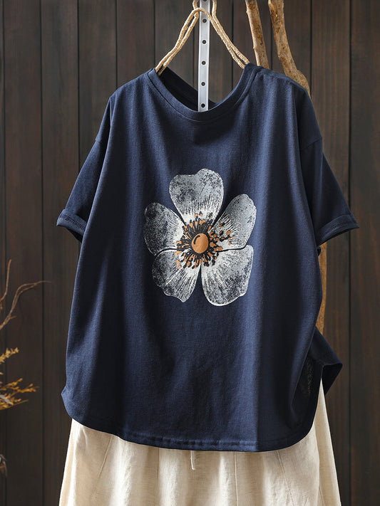 Plus Size Women Summer Casual Flower O-Neck T-Shirt
