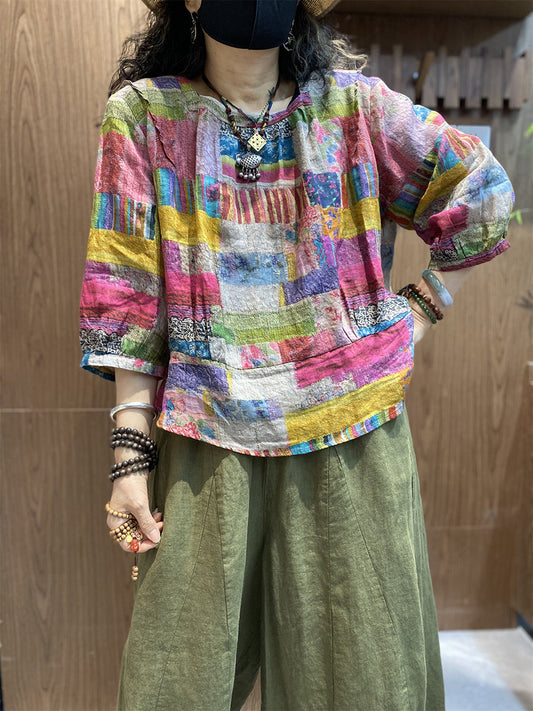 Plus Size Women Summer Artsy Patchwork O-Neck Blouse