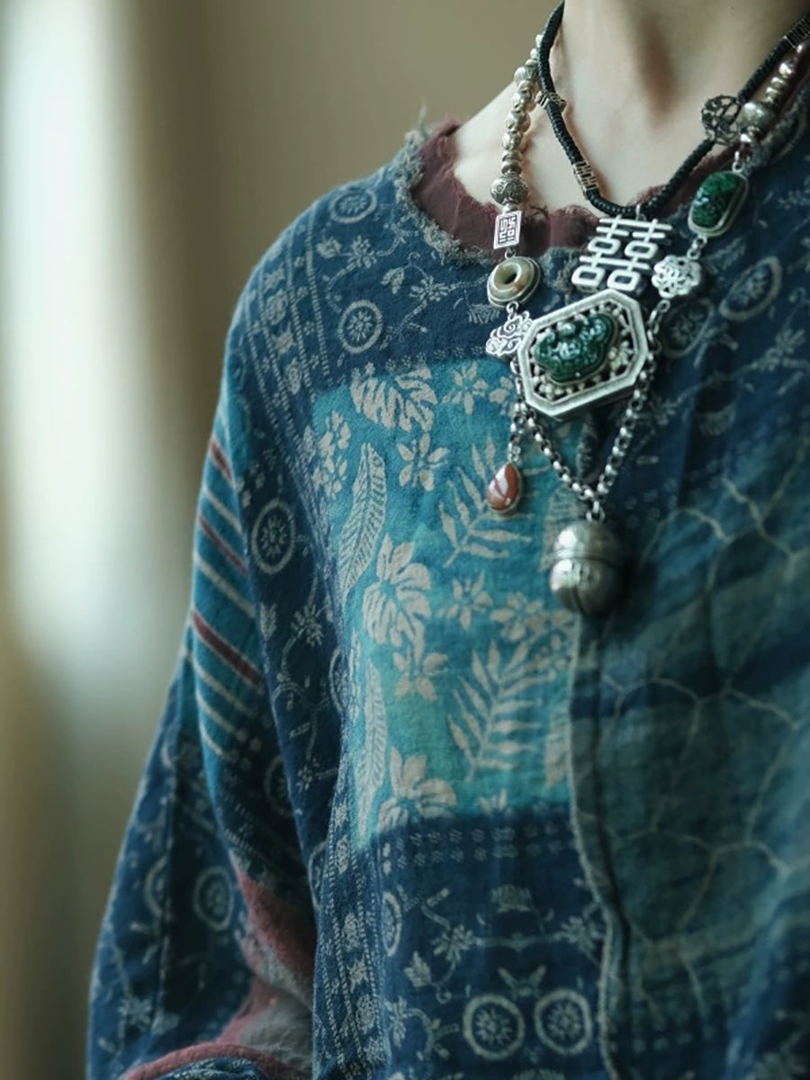 Plus Size Women Summer Vintage Patchwork O-Neck Cotton Shirt