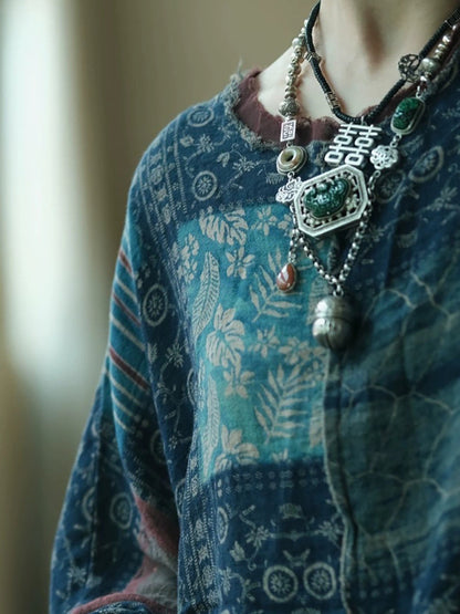 Plus Size Women Summer Vintage Patchwork O-Neck Cotton Shirt