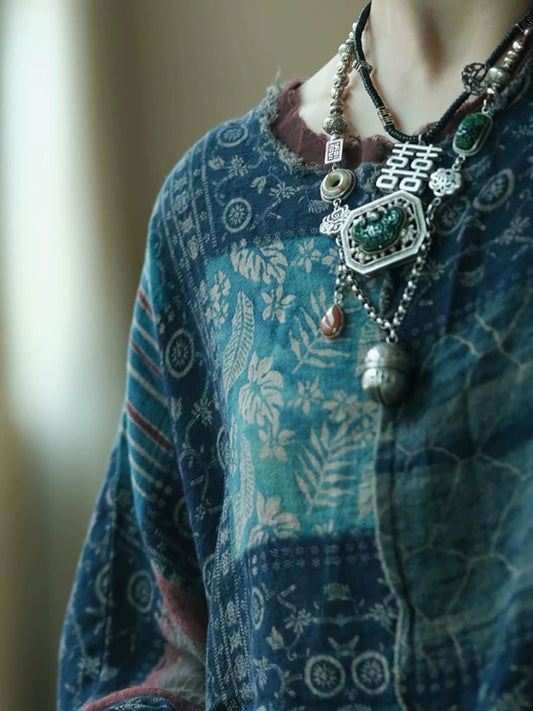 Plus Size Women Summer Vintage Patchwork O-Neck Cotton Shirt