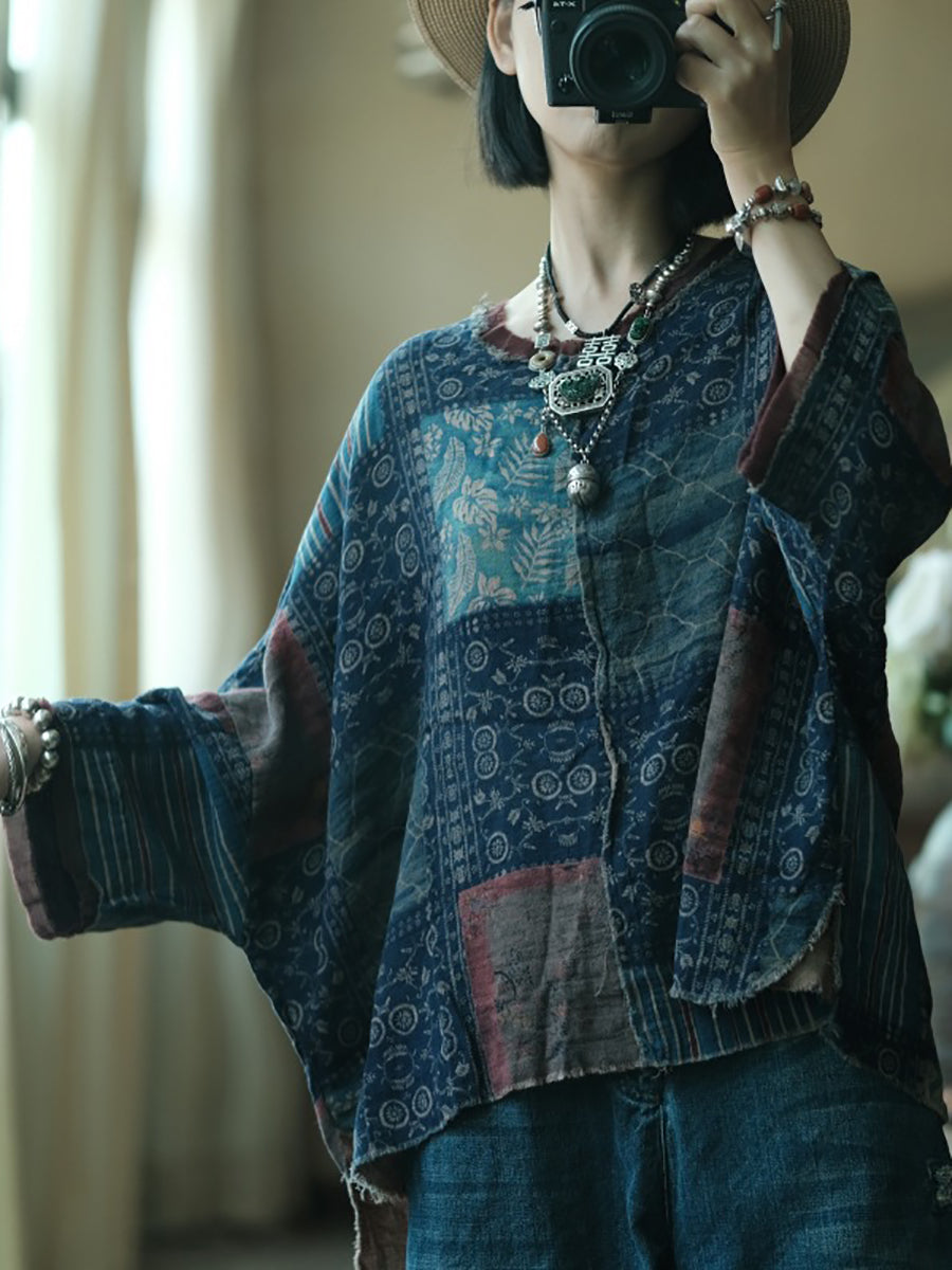 Plus Size Women Summer Vintage Patchwork O-Neck Cotton Shirt