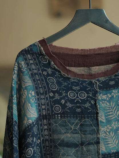Plus Size Women Summer Vintage Patchwork O-Neck Cotton Shirt